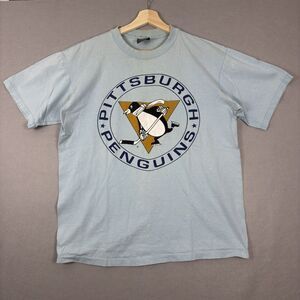 Vintage 90s Pittsburgh Penguins NHL Blue Graphic T-Shirt Single Stitch XL USA